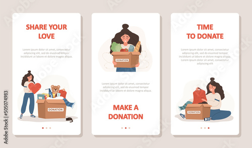 Donation and charity concept. Volunteer women with cardboard boxes full of humanitarian help. Philanthropy. Time to donation. Share your love. Vector cartoon illustration. Set of mobile banners.