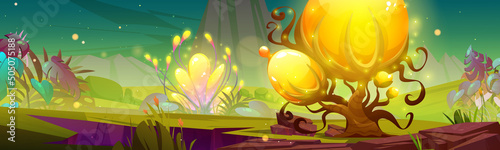 Fantastic game landscape with unusual shiny trees and flowers. Vector cartoon fantasy illustration of alien world with mountains, beautiful mystery plants and grass