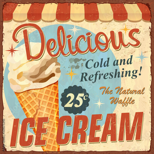 Vintage Ice Cream metal sign.Retro poster 1950s style.