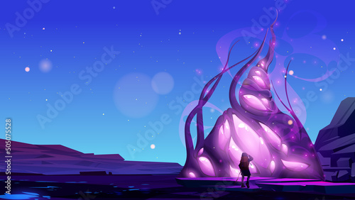 Fantasy game background with traveler walk to fantastic artifact. Vector cartoon illustration of winter landscape of alien world with magic portal or plant with purple bubbles and man with backpack