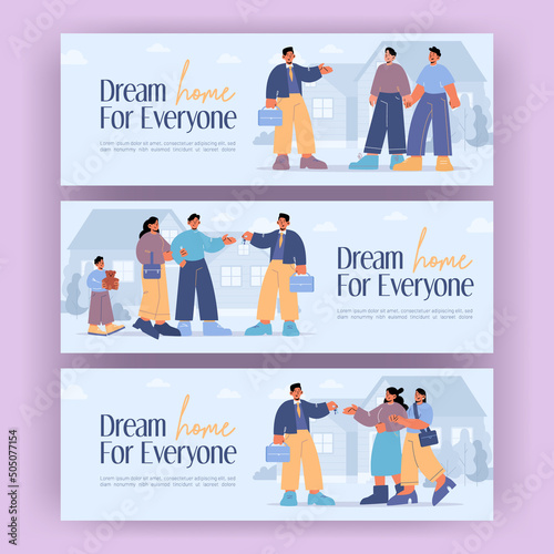 Family buy house from real estate agent. Concept of purchase or rent property. Vector banners with flat illustration of realtor hand gives key to lesbian couple, two guys and people with kid