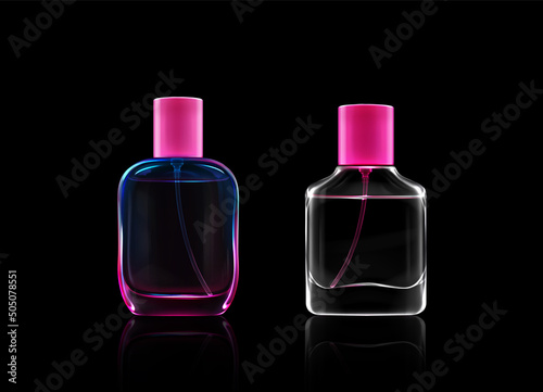 Glass bottles for fragrance, perfume, cologne, cosmetic spray. Vector realistic mockup of 3d blank transparent containers with tubes, pink caps and clear fluid