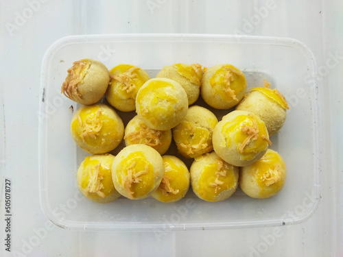 Homemade Indonesian pineapple tart cookies or Nastar served to celebrate Eid al Fitr or Idul Fitr photo