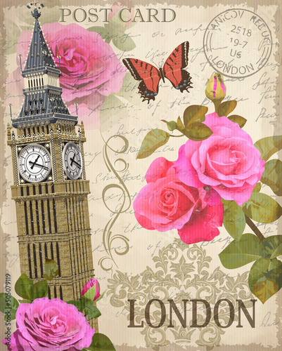 London vintage postcard with Big Ben and roses on retro background. 
