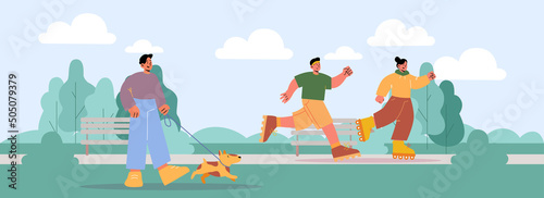 People run, ride on roller skates and walk with dog on leash in park. Vector flat illustration of summer landscape with man with puppy, girl on rollerskates and jogger