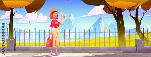 Girl tourist looks at map on pavement with fence and orange trees. Vector cartoon illustration of young woman traveler on background of autumn landscape with mountains, grass and lake