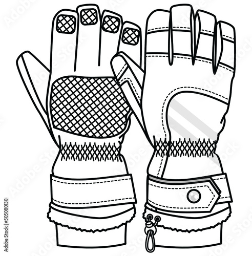 winter gloves vector illustration cad mockup, flat sketch of unisex gloves isolated on white background.