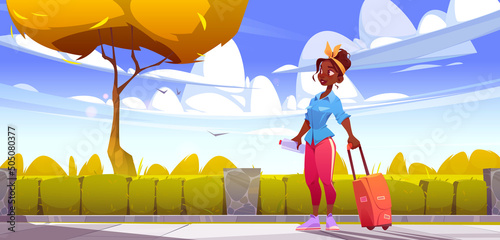 Woman tourist with suitcase walk on street with shrub hedge. Vector cartoon illustration of travel, vacation, road trip concept with autumn landscape and happy girl with luggage