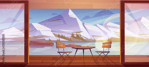 House terrace with furniture and view to mountain valley in winter. Vector cartoon illustration of nordic landscape with frozen river, rocks with snow and cottage wooden veranda with table and chairs