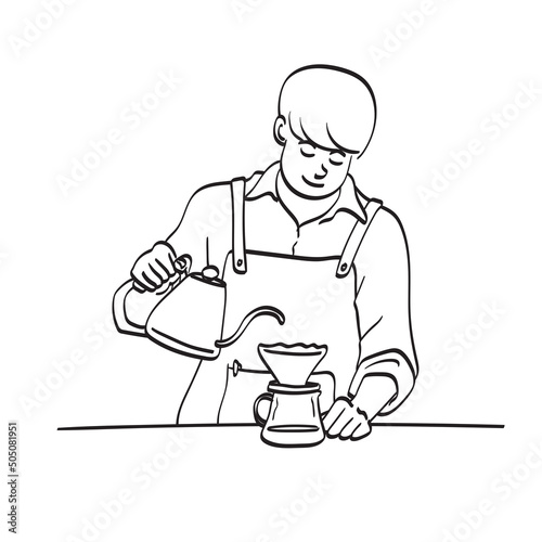 Professional man barista is making drip brewing illustration vector hand drawn isolated on white background line art.