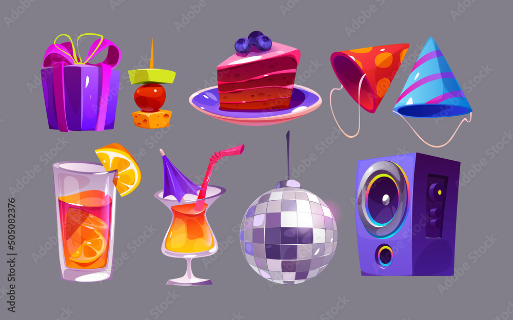 Happy birthday party set with disco ball, hats, cocktails and cake. Vector cartoon icons of event or holiday celebration equipment, gift box, drinks, music speaker isolated on background - obrazy, fototapety, plakaty 