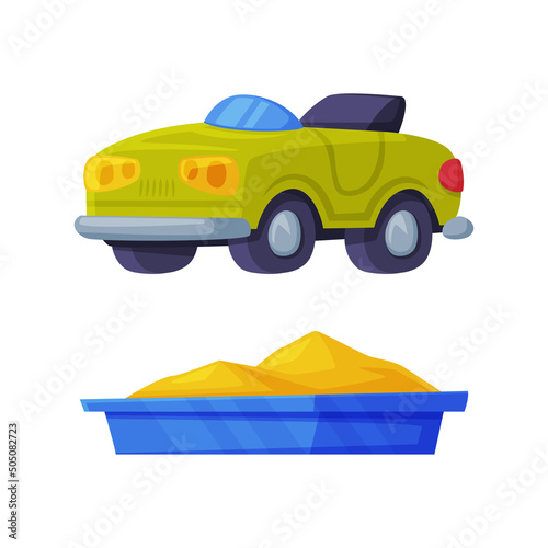 Playground Equipment with Toy Car and Sandpit as Kid Plaything Vector Illustration Set