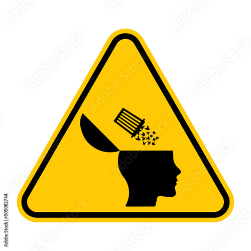 Brainwashing warning sign. Vector illustration of yellow triangle sign with open human head with garbage thrown out it from trash. Manipulation and propaganda concept. Garbage in head symbol.