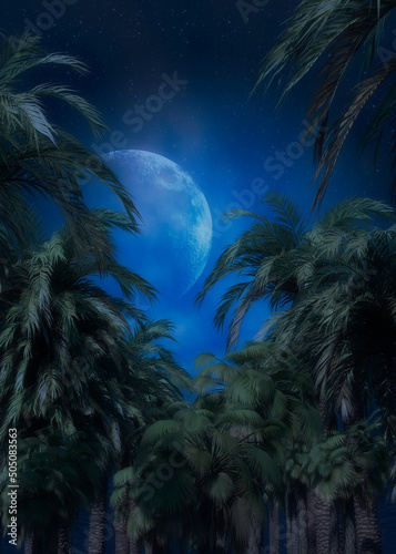 3D Palm trees on island at night