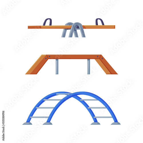 Playground Equipment with Wooden Seesaw or Teeter-totter and Arch Ladder Vector Illustration Set