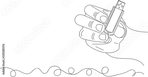 Outline sketch drawing of hand holding pen drive, line art illustration of hand showing computer pen drive