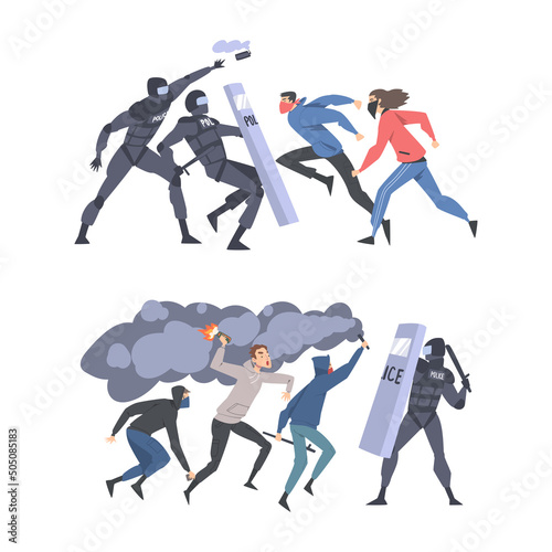 Furious Rioters with Smoke Grenade Fighting with Armed Police Officers Vector Illustration Set