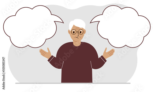 A sad grandfather tries to make the right decision. Left and right empty bubbles. Comparison of the two solutions.