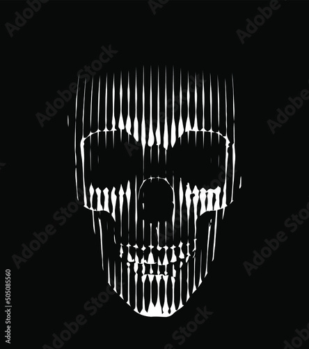 Line skull vector illustration. Spooky lighting from bellow. Frontal view of human skull made by white vertical lines on black background.