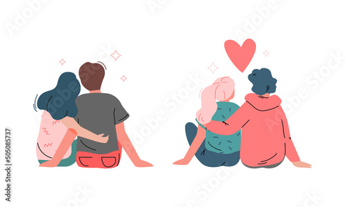 Happy Romantic Couple Sitting and Embracing Back View Vector Illustration Set
