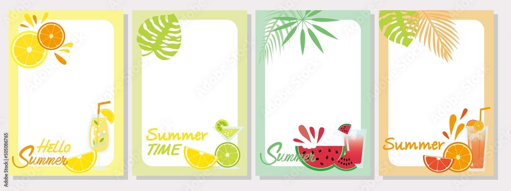 Set of Summer tropical fruits decoration frame. Summer tropical and vitamin color  template collection for background, banner, web and sns cover design elements. Vector illustration.