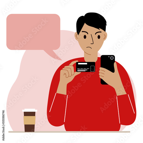A man with a mobile phone in her hand holds a bank card. Transaction rejection concept. Vector