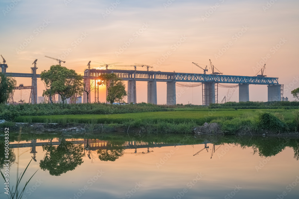 Yangtze River Bridge and Yangtze River scenery under construction in Suzhou, China