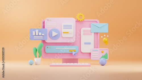 3D Web Design. Computer with open pages. Landing page template for web. 3D Rendering