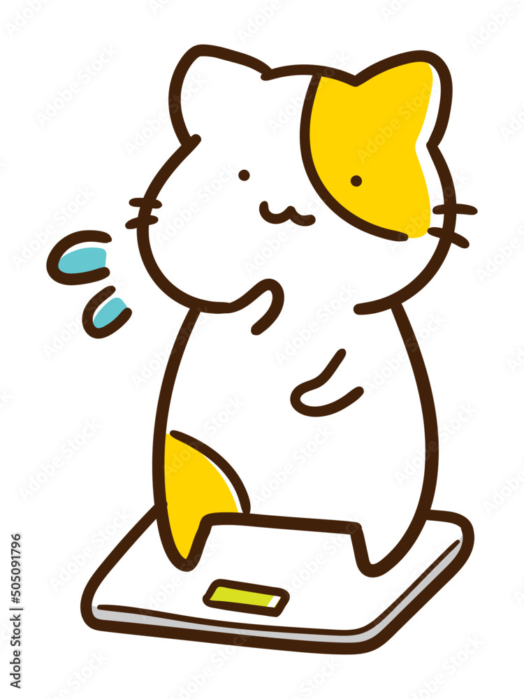Obraz premium 体重計に乗って焦るかわいいねこのキャラクターの手書き風イラスト