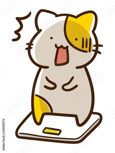 体重計に乗ってショックをうけるかわいいねこの手書き風イラスト