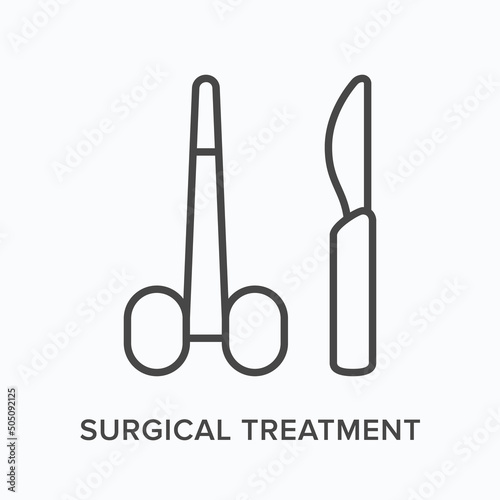 Surgical treatment flat line icon. Vector outline illustration of scalpel and forceps. Black thin linear pictogram for medical sterile equipment