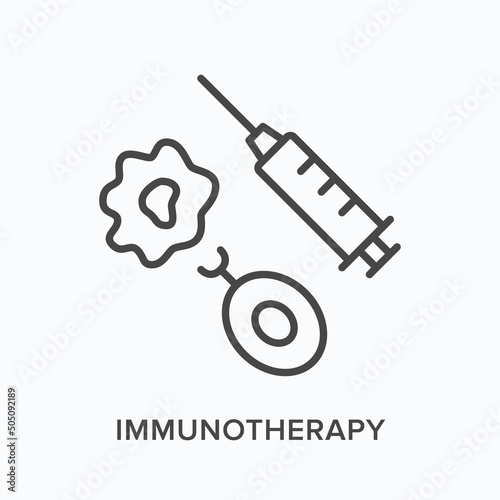 Immunotherapy flat line icon. Vector outline illustration of syringe and immunoglobulin. Black thin linear pictogram for cancer treatment