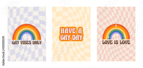Pride month poster with rainbow and LGBTQ phrases and slogans. Set of queer vertical cards on distorted checkerboard. Greeting cards with LGBT symbol in retro groovy 60s 70s style. Vector illustration
