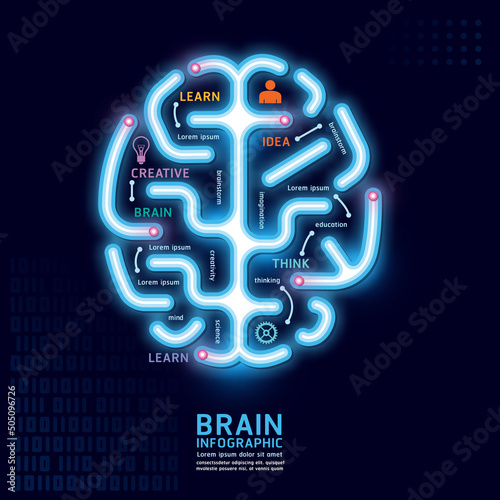 Vector brain infographic label template with icons neon. Can be used for infographics, flow charts, presentations, websites, banners, printed materials.