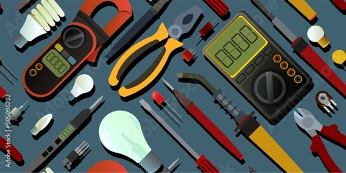 Tools for electrician. Repair of radio electronic and microprocessor equipment. Spare parts components and service. Seamless pattern. Vector
