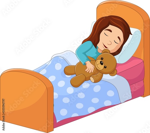 Cartoon little girl sleeping with stuffed bear