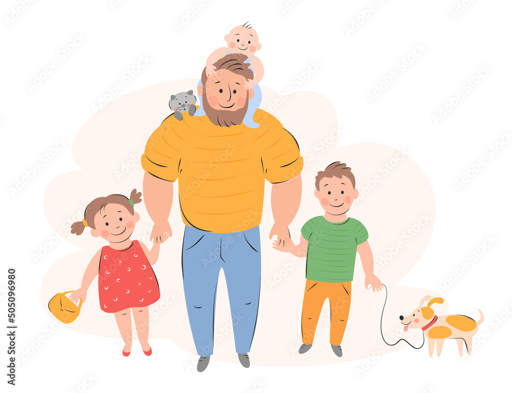 Happy father with kids, cat and dog. Daughter and son hold dad hand, baby sits on dad shoulders. Father's day, international children's day, Global Day of Parents. Flat Vector illustration