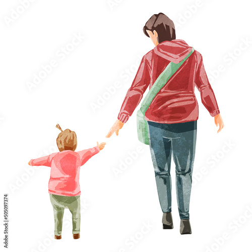 散歩する親子の手描き水彩風イラスト