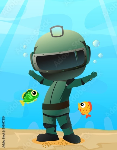 Diver in retro scuba gear finally here. Guy in underwater suit bottom of pond. Funny cartoon style. Extreme sports. Person in lake or sea. Air bubbles. Boy man swim. Vector