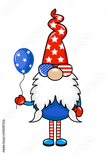 Cute July 4th gnome with USA balloon - hand drawn modern dwarf illustration. Perfect for advertising, poster, announcement or greeting card. Beautiful gnome in happy Independence Day costume.