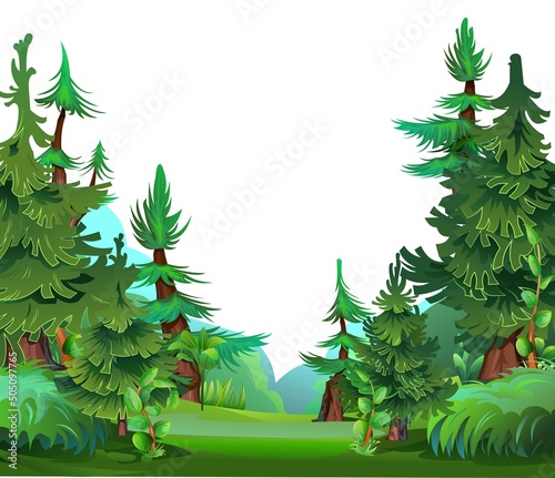 Place among thickets Pine forest. Coniferous spruce trees. Landscape cartoon style. Isolated on white background. Vector