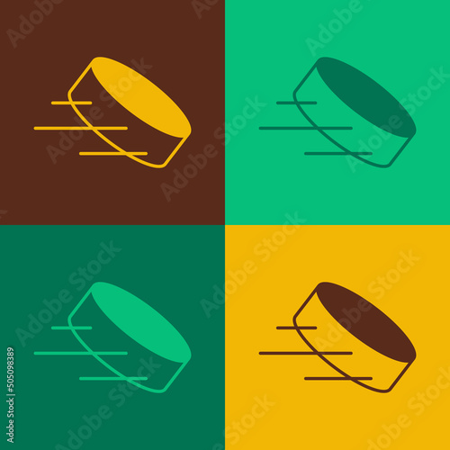 Pop art Hockey puck icon isolated on color background. Vector