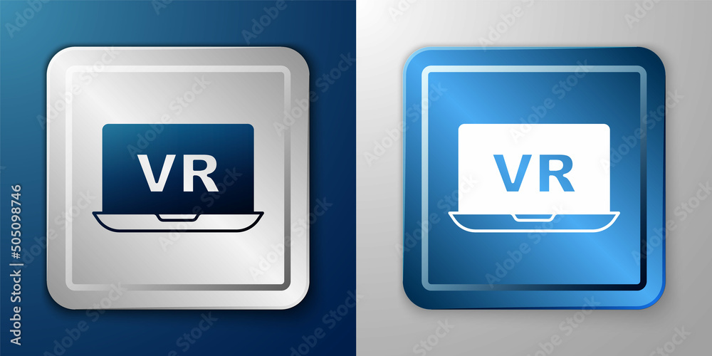 White Virtual reality icon isolated on blue and grey background. Futuristic VR head-up display design. Silver and blue square button. Vector