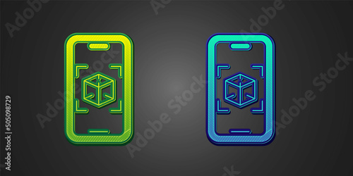 Green and blue 3d modeling icon isolated on black background. Augmented reality or virtual reality. Vector