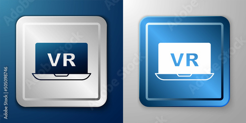 White Virtual reality icon isolated on blue and grey background. Futuristic VR head-up display design. Silver and blue square button. Vector