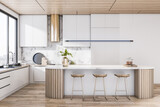 Sunny stylish dining area with white kitchen set, golden kitchen hood and countertop decorated by wooden laths on wooden floor and modern stools. 3D rendering