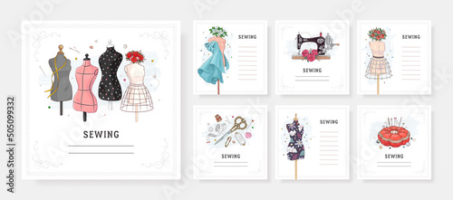 Square banner templates for greeting card and social media mobile apps. Sewing equipment and needlework. Vector illustration of sewing machine, mannequin and flowers