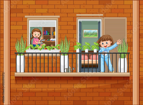 Apartment windows with neighbors cartoon character