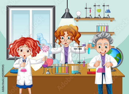 Classroom scene with scientist doing experiment