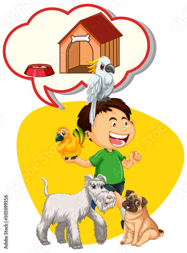Speech bubble with boy and many pets
